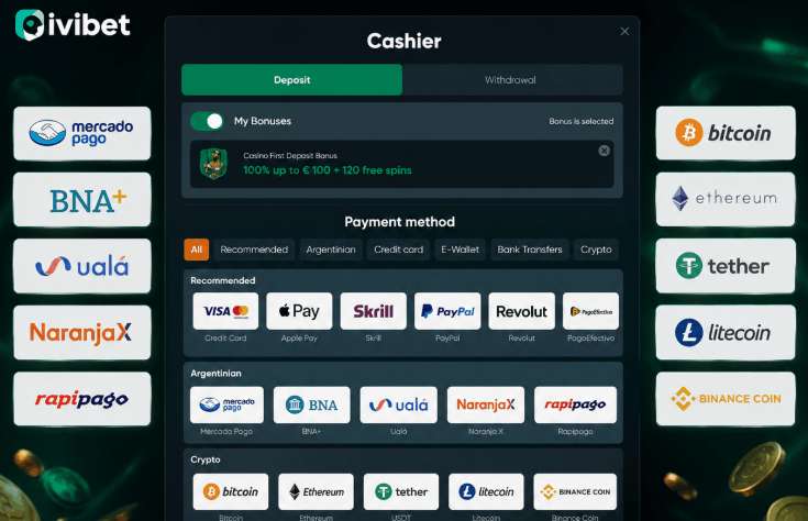 Captura de pantalla del depósito y métodos de pago de Ivibet Casino